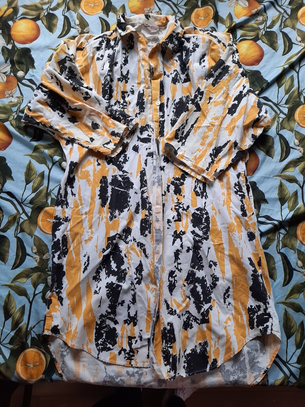 Vintage Abstract Brushstroke Long Sleeve Dress in White, Mustard & Black
